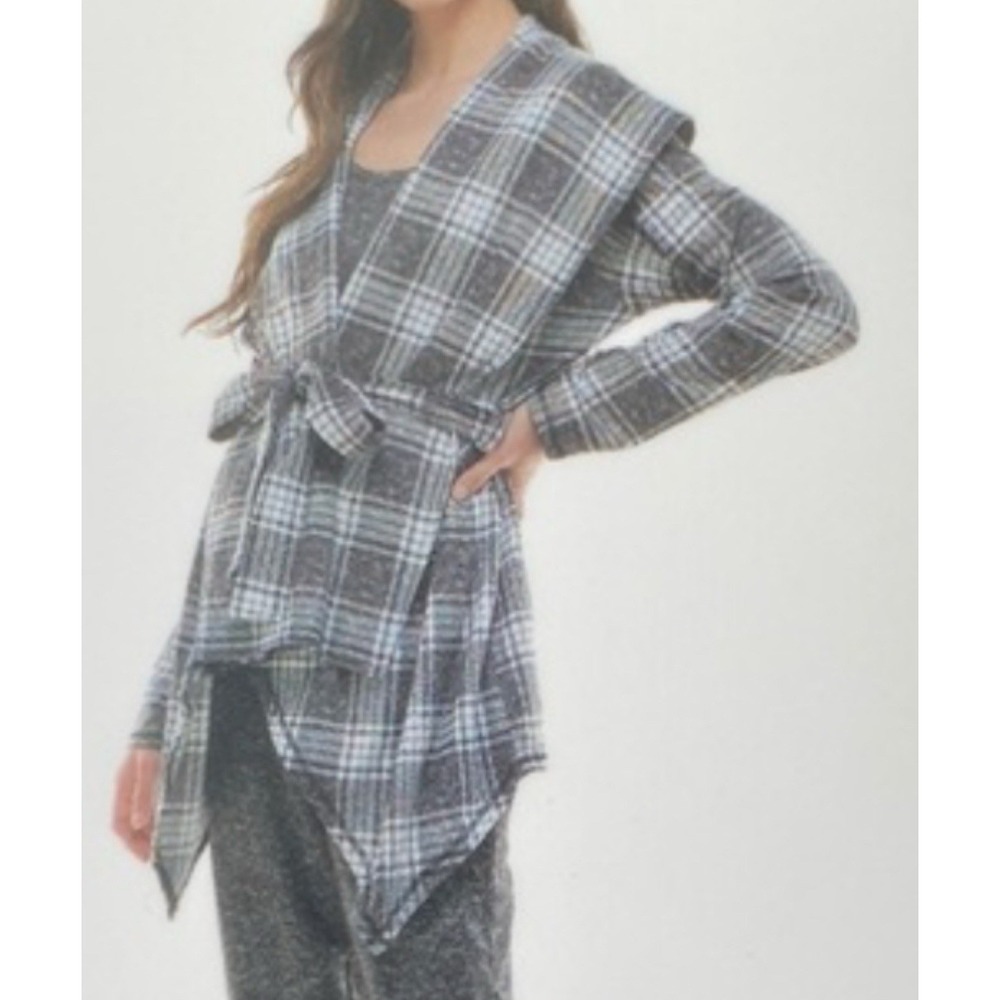Jaclyn Intimates Pajama Open Top Cardigan Black Plaid Long Sleeve Women's Size L